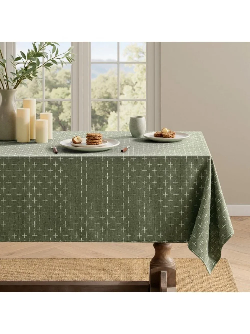 Olive Green Rectangle Textured Tablecloth 60x102 Inch - Elegant Dining Decor